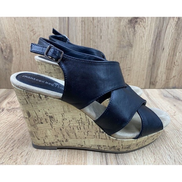 Montego Bay Club Strap back Wedges Women's Size 9 Black Faux Crisscross Open Toe - Picture 2 of 16